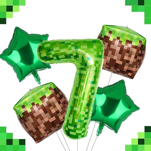 Ovanda Luftballon 7, Pixelmotiv Riesige Grüne Pixel Miner Thema Zahlenballon, Grasblöcke Luftballon, 5 Stück 100 CM XXL Folienballon 7, Luftballon 7 Jahre Mädchen, Luftballon 7 Jahre Junge von Ovanda
