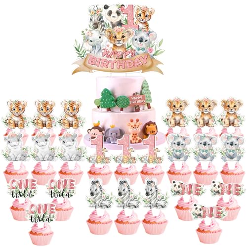 Ovanda Tortendeko 1. Geburtstag, 25 Stück Wald Tiere Happy Birthday Kuchendeko, Cupcake Dekoration, Kuchendekorationen Tiere, Safari Zoo Dschungel Tortendeko für Baby Shower Mädchen Geburtstag Rosa von Ovanda