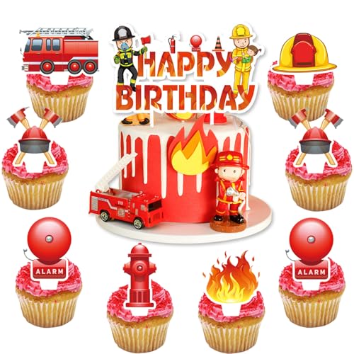 Ovanda Tortendeko Feuerwehr, 25 Stück Feuerwhr Tortendeko Junge, Feuerwehrmann Cupcake Toppers, Happy Birthday Feuerwehrauto Muffin Deko, Feuerwehrmann Thema Torten Deko für Jungen Kinder Party von Ovanda