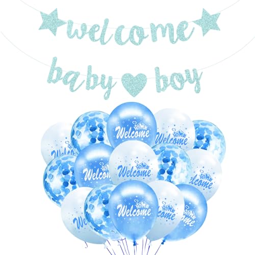 Ovanda Willkommen Zuhause Baby Deko Junge, Blau Welcome Home Baby Boy Banner, Babyshowerparty Deko Junge mit Welcome Home Babys Boy Girlande, Luftballons Dekoration, Konfetti Ballon von Ovanda
