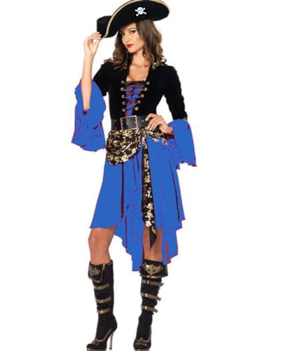 Ovender Karneval Piraten Kostüm Prinzessin Damen für Weihnachten Halloween mit Hut und Gürtel, Cosplay, Kleid für Erwachsene Party, Blau M von Ovender