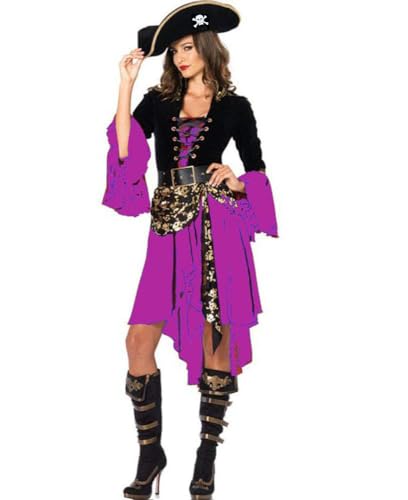 Ovender Karneval Piraten Kostüm Prinzessin Damen für Weihnachten Halloween mit Hut und Gürtel, Cosplay, Kleid für Erwachsene Party, Violett M von Ovender