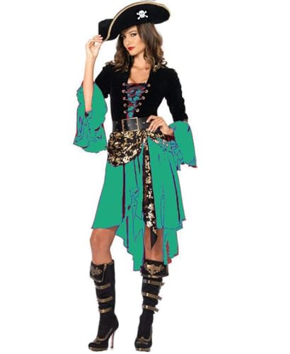 Ovender Karneval Piraten Kostüm Prinzessin Damen für Weihnachten Halloween mit Hut und Gürtel, Cosplay, Kleid für Erwachsene Party (M, Grün Schwarz) von Ovender