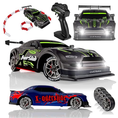 Overmax X-OVERSLIDE Ferngesteuertes RC Drift-Auto, Auto für Kinder ab 8 Jahren, 1:16, 20 km/h Reichweite bis zu 80 m, 4WD-Antrieb, 2 Akkus 500 mAh Räder und Hindernisse Set Extra Gehäuse von Overmax