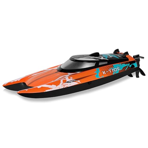 Overmax X-Tide Ferngesteuertes RC-Speedboat Rennboot mit LED 25 km/h 1200 mAh Akkus 34 Minuten Spaß Geschwindigkeitsregulierung Reichweite bis zu 100 m, Schwimmbad- und Seespielzeug von Overmax