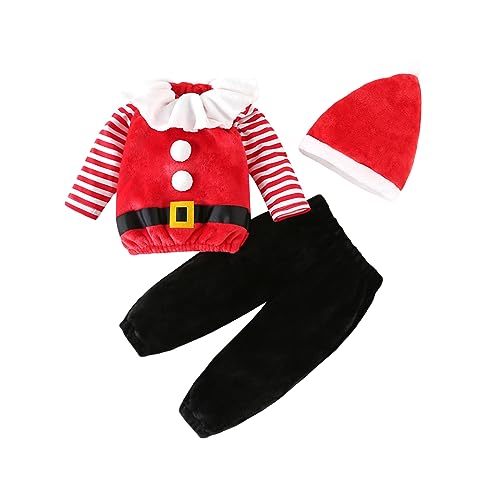 Owegvia Baby Jungen Mädchen Weihnachten Outfit Kleinkind Santa Kostüm Streifen Weste Weste Hose Hut Sets Kleinkind Weihnachten Kostüm (Red 01, 12-18 Months) von Owegvia