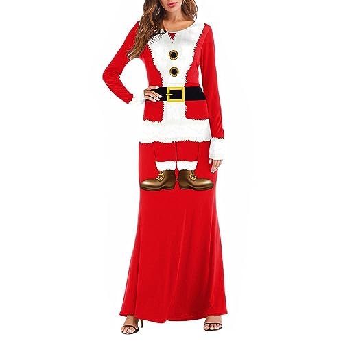 Owegvia Damen Weihnachtskostüme Rot Langarm Rundhalsausschnitt Weihnachtsmann Cosplay Rollenspiel Kleid (Rot, S) von Owegvia