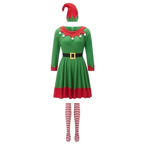 Owegvia Elfenkostüm Erwachsene Damen Kleider mit Gürtel Gestreifte Strümpfe und Hüte Set Weihnachten Cosplay Rollenspiel Party Outfits (Grün, S) von Owegvia