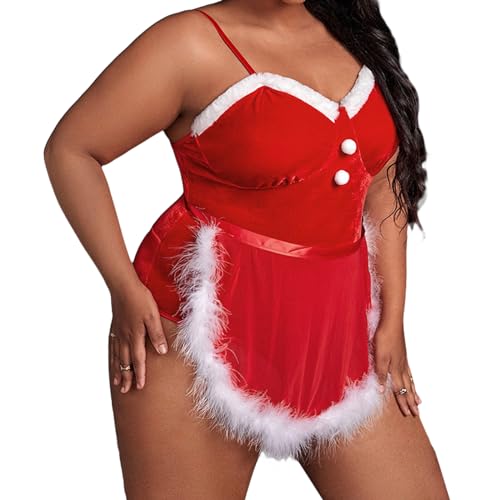 Owegvia Frauen Weihnachten Cosplay Dessous Kostüm, rote ärmellose Weihnachten Jumpsuit für Frauen Plus Größe mit Schürze (Red, XXXL) von Owegvia