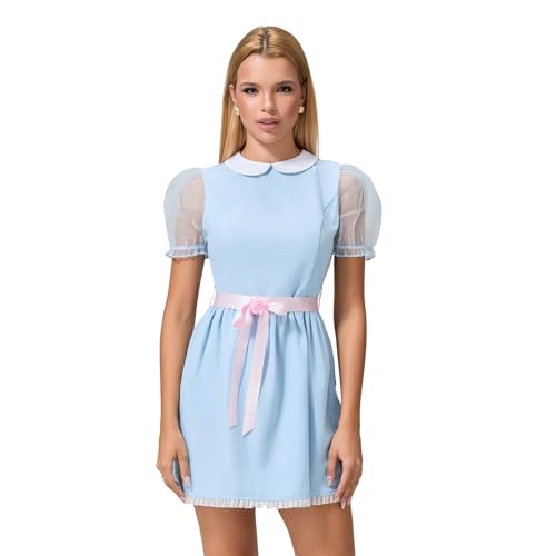 Owegvia Damen Halloween-Kostüm, Gruselige Zwillingskleider, Grady Zwillinge, Lolita-Kleid mit Gürtel, Blau, S, M, L von Owegvia