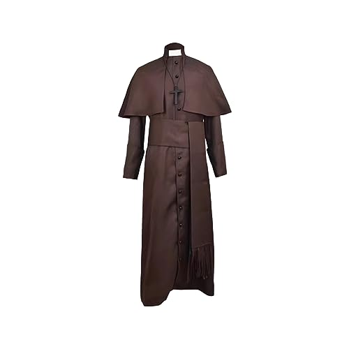 Owegvia Halloween Priester Kostüm für Männer Vintage mittelalterlichen Klerus Robe Gürtel Kreuz Set Cosplay Kleidung (Brown, XL) von Owegvia