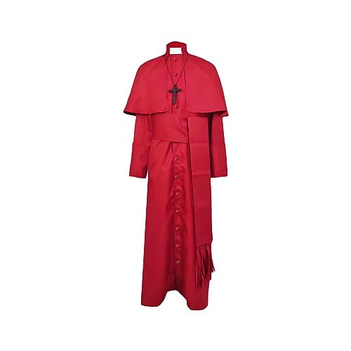 Owegvia Halloween Priester Kostüm für Männer Vintage mittelalterlichen Klerus Robe Gürtel Kreuz Set Cosplay Kleidung (Wine Red, XL) von Owegvia