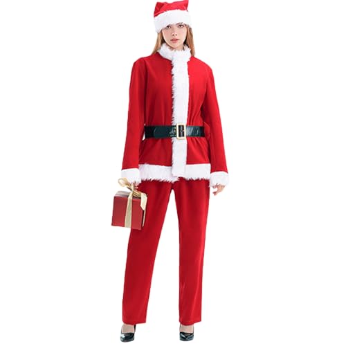 Owegvia Kids Adult Christmas Cosplay Costume Family Christmas Outfits Red Belted Tops Pants Santa Hat Sets For Themed Party (adult, Red Women, L) von Owegvia