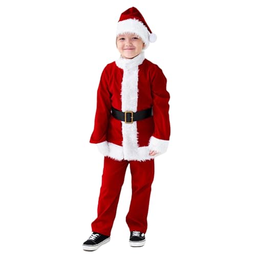 Owegvia Kids Adult Christmas Cosplay Costume Family Christmas Outfits Red Belted Tops Pants Santa Hat Sets For Themed Party (little kid, Red Kids, M) von Owegvia