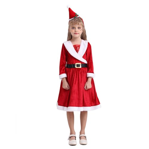 Owegvia Kleinkind Santa Kostüm Deluxe Langarm Samt Kleid mit Stirnband Weihnachten Cosplay Outfits für Mädchen und Jungen (Red, L) von Owegvia