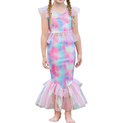 Owegvia Princess Mermaid Costume For Little Girls Tie-Dye Rhinestones Mermaid Skirt Set And Briefs Mermaid Dress For Girls (Multicolor 01, XXL) von Owegvia