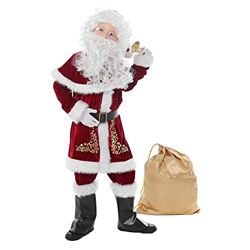 Owegvia Santa Claus Costume Set Hat+Shawl+Top Shirt +Loose Pants+Shoes+Gloves+Waist Belt Deluxe Velvet Adult/Kids Santa Suits (Wine red, L) von Owegvia