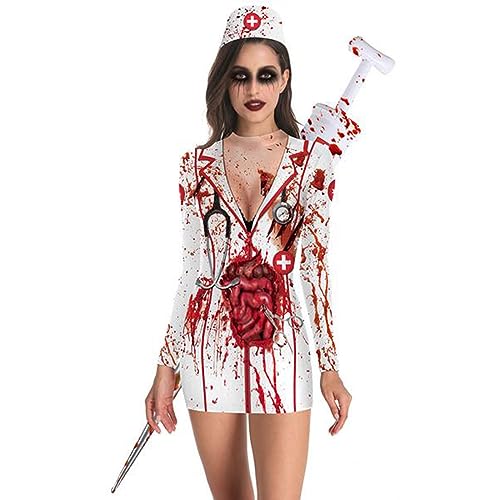 Owegvia Sexy Halloween Kostüme für Damen, Langarm Rundhalsausschnitt Blutdruck Krankenschwester Zombie Bodycon Mini Dress Cosplay Dress (White, XL) von Owegvia