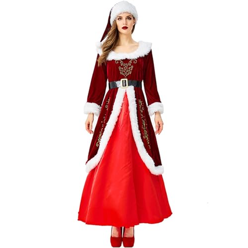 Owegvia Weihnachten Königin Kleid für Damen, Plüsch Patchwork Langarm Quadratischer Ausschnitt Frau Claus Kleid Kostüm Outfits (Red, L) von Owegvia