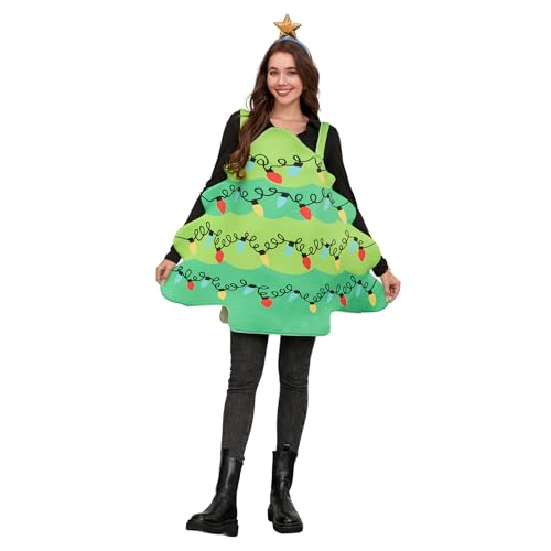 Weihnachtsbaum-Kostüm, goldfarbener Stern, Haarreifen, lustiges Schlupf-Cosplay-Outfit für Damen und Herren, Erwachsenen-Weihnachtsbaum-Kostüm (grün, Einheitsgröße) von Owegvia
