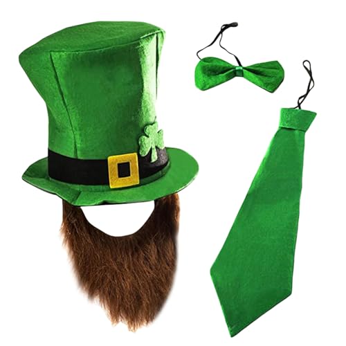 Owl's-Yard St. Patrick's Day Party-Kostüm, Anzug, Kleeblatt, Zylinder mit Schnurrbärten und Krawatte, Fliege, irisches Festival-Zubehör-Set (3-teiliges Set, grün, 3-teilig) von Owl's-Yard