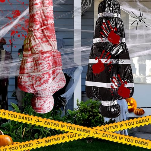 2er Pack Gruselige Halloween Leiche Deko 152 cm - Aufhängbarer Leichensack mit Blutflecken, inkl. Warnband & Spinnennetz für Outdoor Garten, Friedhof, Tatort & Spukhaus Dekoration von Own1one