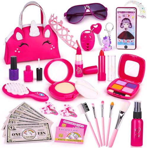 Own1one Kinderschminke Set Mädchen, Rollenspiel Kinderschminke Spielzeug mit Handtasche, Handy für Mädchen, Schminkkoffer Spielzeug Geschenke ab 3 4 5 6 7Jahre Mädchen von Own1one