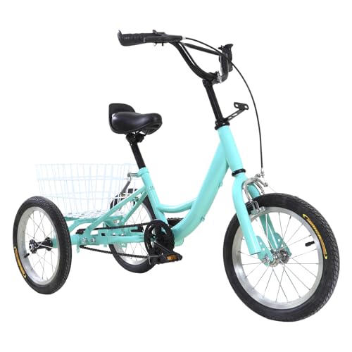 14 Zoll Dreirad für Kinder, 3-Rad Fahrrad, 1 Gänge Trike mit Einkaufskorb, Sitzhöhe Einstellbar, Antirutsch-Pedal, Sicherheits-Reflexstreifen von Owneed