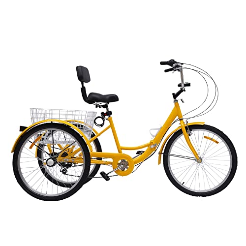 24 Zoll Dreirad für Erwachsene 7-Gang 3-Rad Fahrrad mit Einkaufskorb Klappbar Dreirad Fahrrad Lastenfahrrad für Senioren Outdoor Cityräder (Gelb) von Owneed