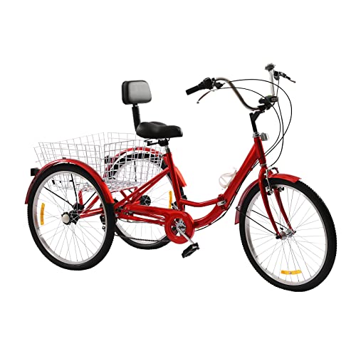 24 Zoll Dreirad für Erwachsene 7-Gang 3-Rad Fahrrad mit Einkaufskorb Klappbar Dreirad Fahrrad Lastenfahrrad für Senioren Outdoor Cityräder (Rot) von Owneed