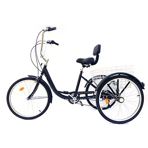 Dreirad für Erwachsene 24 Zoll 3 Räder Fahrrad mit Einkaufskorb für Shopping Outdoor Sports Rückenlehne Dreiräder 3 Wheel Adult Bicycle (Schwarz) von Owneed