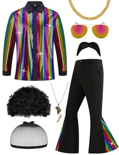 70er Jahre Disco Outfit für Herren 70er Jahre Disco Kostüm mit Satin-Hemd, Glockenunterteil, Hose, Perücke, Schnurrbart, Halskette, Sonnenbrille für Party, Mehrfarbig, L 70er Jahre Disco Outfit für Herren 70er Jahre Disco Kostüm mit Satin-Hemd, Glockenunterteil, Hose, Perücke, Schnurrbart, Halskette, Sonnenbrille für Party, Mehrfarbig, L von Owurha