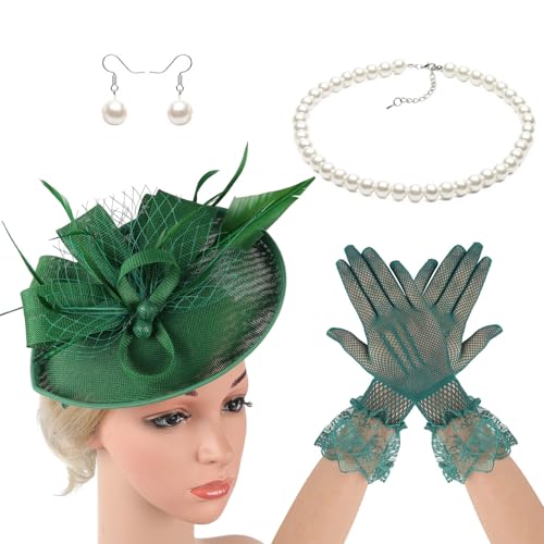 Oxtxuzdm Derby-Hut, Stirnbänder mit Halskette, Ohrringen, Handschuhen für Damen, formelles und lässiges Outfit, Maskeraden, Accessoire, Kopfbedeckung für Damen von Oxtxuzdm