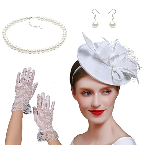 Oxtxuzdm Derby-Hut, Stirnbänder mit Halskette, Ohrringen, Handschuhen für Damen, formelles und lässiges Outfit, Maskeraden, Accessoire, Kopfbedeckung für Damen von Oxtxuzdm