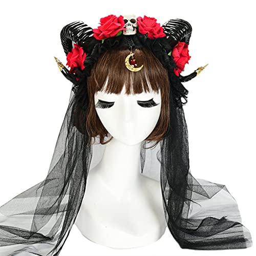 Blume Schädel Schleier Stirnband Cosplay Kopfbedeckung für Halloween Party tragen Ochsenhorn Haarband Karneval Kopfschmuck Party Supplies Ochsenhorn Stirnband Karneval Requisiten von Oxxggkao