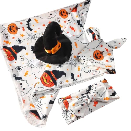 Oxxggkao Babyfotografie Requisiten Halloween Themen Outfit Gedrucktes Wickel Stoff Stirnband Motorhudhut Assistenten Set Für Kindeslebelkostüm Set von Oxxggkao