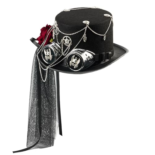 Oxxggkao Punk Mesh Top Hat Victorian Styles Kopfstück Mit Schutzbrillen Blumenakzenten Halloween Kostümzubehör Für Cosplay Event Unisex Steampunk Kostümhut von Oxxggkao