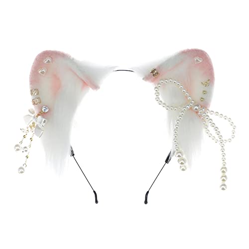 Plüsch Niedliche Katzen Ohr Cosplay Haar Hoop Mit Perlen Bowknot Frau Teenager Stirnband Für Live Broadcast Carnivals Haarbänder Stirnbänder Wäsche Gesicht Girls Teenager Wäsche Gesicht Ohren Katze von Oxxggkao