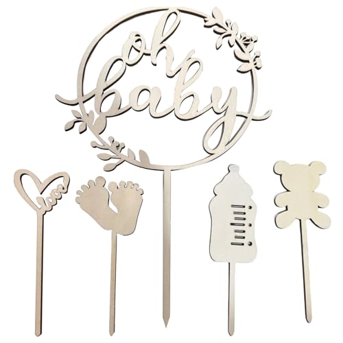 5 Stück Oh Baby Cake Topper,Holz Oh Baby Deko Tortendeko,Kuchen Topper Babyparty Tortendeko Cake Topper Holz,Kuchenstecker für Junge Mädchen Babys Shower Eine Windeltorte Gender Reveal Partydeko von Oykrueats
