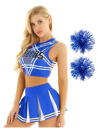 Oyolan Cheer Leader Kostüm Damen Cheerleading Rundhals Ärmellos Crop-Top mit Minifaltenrock Halloween Party Tanzkleidung Blau B XXL von Oyolan