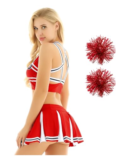 Oyolan Cheer Leader Kostüm Damen Cheerleading Rundhals Ärmellos Crop-Top mit Minifaltenrock Halloween Party Tanzkleidung Rot B S von Oyolan