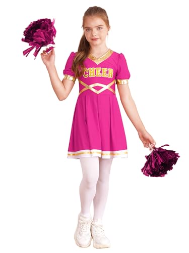 Oyolan Cheerleadering Kostüm Mädchen Fasching Kostüm Karneval Uniform Tanzkleid V-Ausschnitt Partykleid mit 2 Pompoms Hot Pink 134-140 von Oyolan