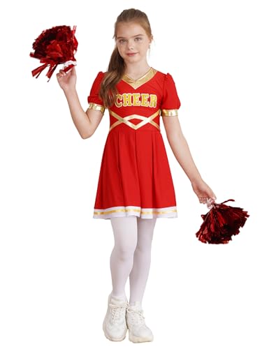 Oyolan Cheerleadering Kostüm Mädchen Fasching Kostüm Karneval Uniform Tanzkleid V-Ausschnitt Partykleid mit 2 Pompoms Rot 146-152 von Oyolan
