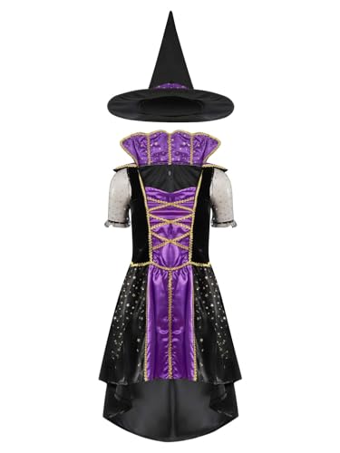 Oyolan Damen Halloween Hexenkostüm Vampirkleid Patchwork Hexen Kleid mit Hut Cosplay Karneval Faschingskostüme Violett XL von Oyolan