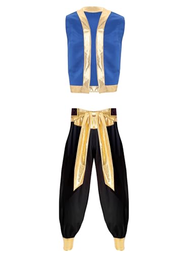 Oyolan Herren Arabischer Prinz Kostüm Halloween Karneval Verkleidung Jacke Weste mit Lange Pumphose Outfits Schwarz A 3XL von Oyolan