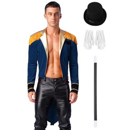 Oyolan Herren Zirkus Kostüm Frack Jacke Langarm Gothic Mantel Uniform mit Hut und Handschuhe Zauberstab Set Cosplay Verkleidung Dunkelblau XXL von Oyolan