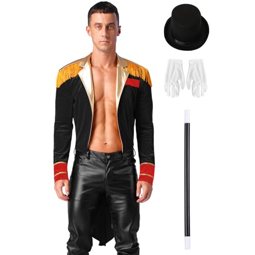Oyolan Herren Zirkus Kostüm Frack Jacke Langarm Gothic Mantel Uniform mit Hut und Handschuhe Zauberstab Set Cosplay Verkleidung Schwarz XXL von Oyolan