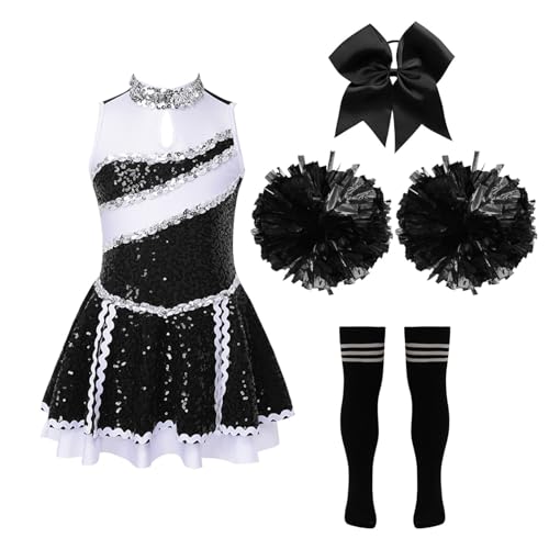 Oyolan Kinder Cheerleading Kostüm Cheer Uniform mit Pompoms Kopfschmuck und Socken Tanzkleid Halloween Verkleidung Ein Schwarz-Weiß 134-140 von Oyolan