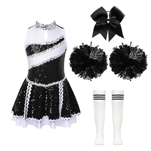 Oyolan Kinder Cheerleading Kostüm Cheer Uniform mit Pompoms Kopfschmuck und Socken Tanzkleid Halloween Verkleidung Ein Weiß&Schwarz 170 von Oyolan