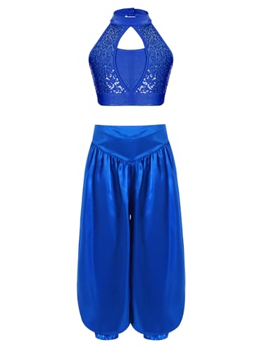 Oyolan Kinder Mädchen Bauchtanz Kostüm Oberteil und Hose Zweiteiliges Set Indische Tanzkleidung Hip Hop Kleidung Street Dance Outfits Blau 110-116 von Oyolan